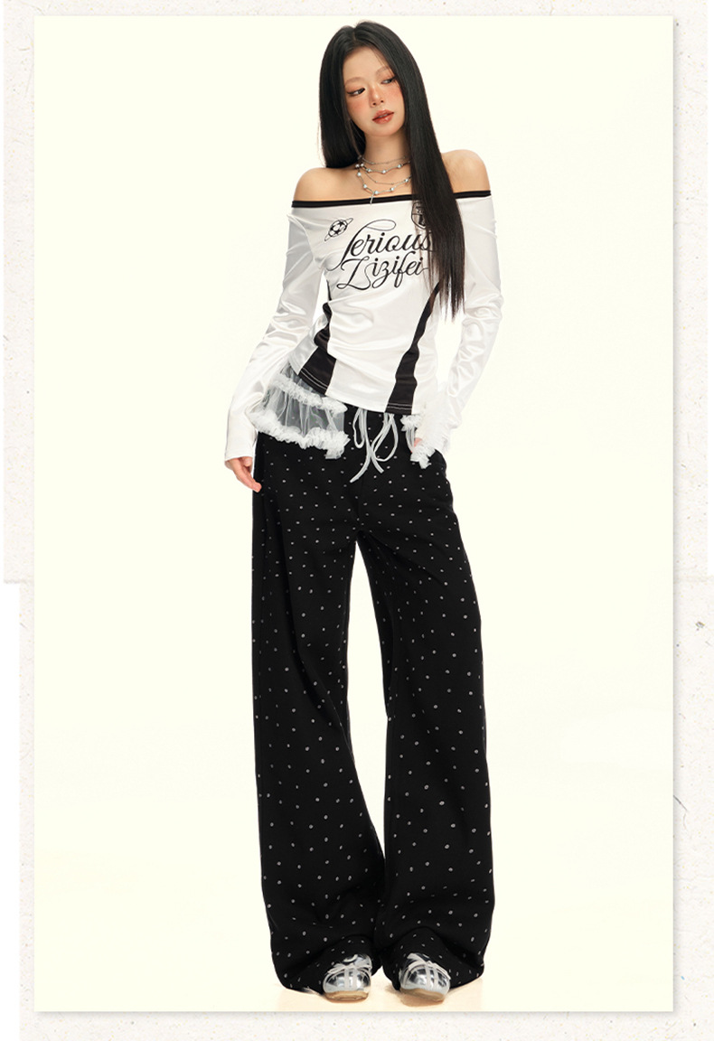 Women's Black and White Polka Dot Slimming Loose Straight Jeans High Waist Wide Leg Pants