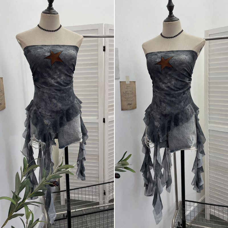 Sultry Asymmetric Plaid Mesh Strapless Top
