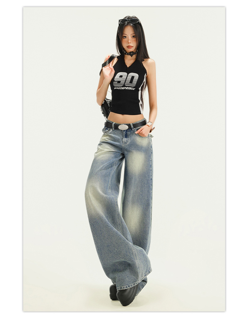 Gradient Washed Denim Pants for Women Vibe Retro Loose Straight Leg Wide Leg Pants