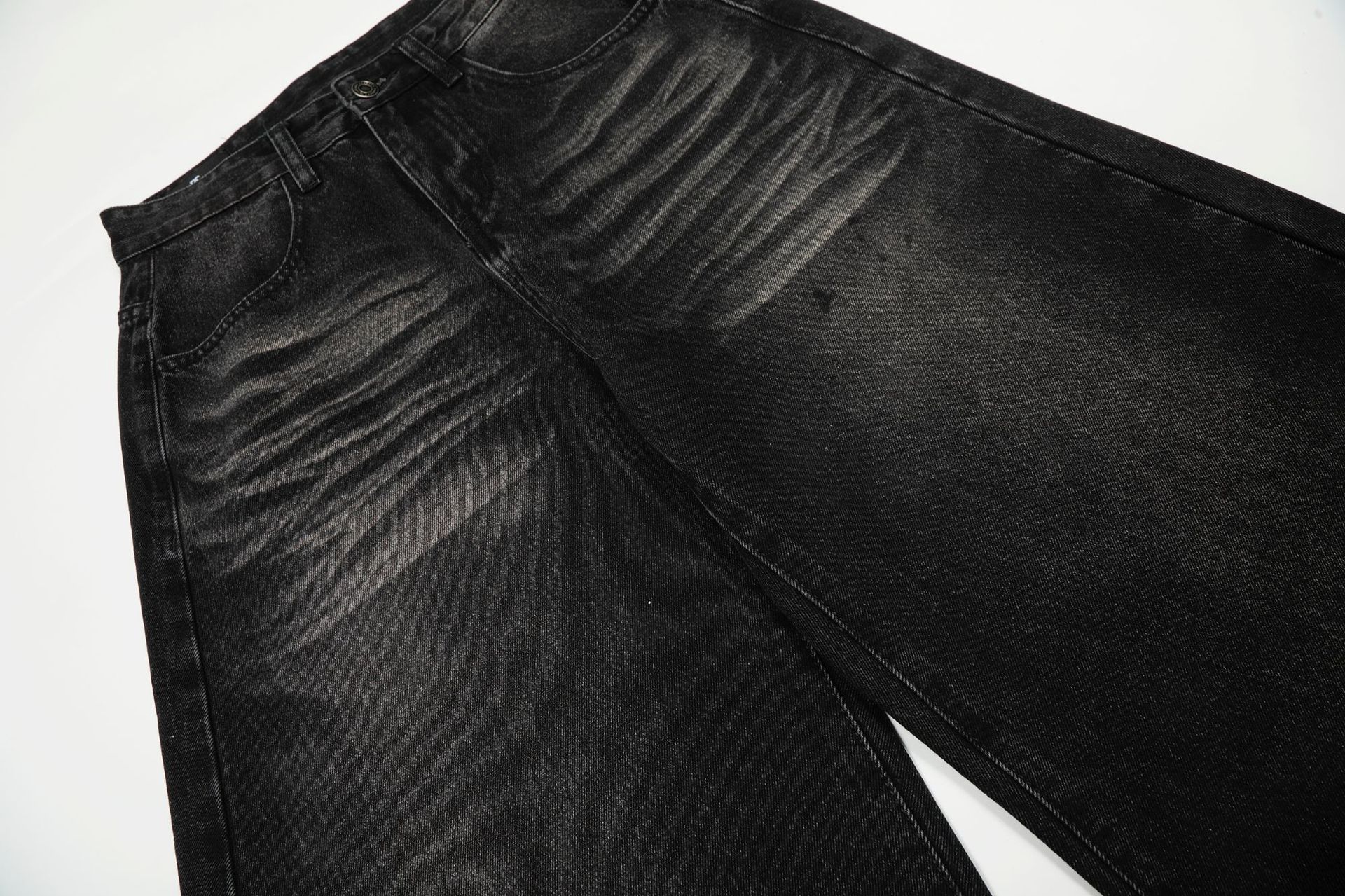 Style Washed Black Vintage Cat-Whisker Pattern Design Men's Loose Knife Cut Jeans