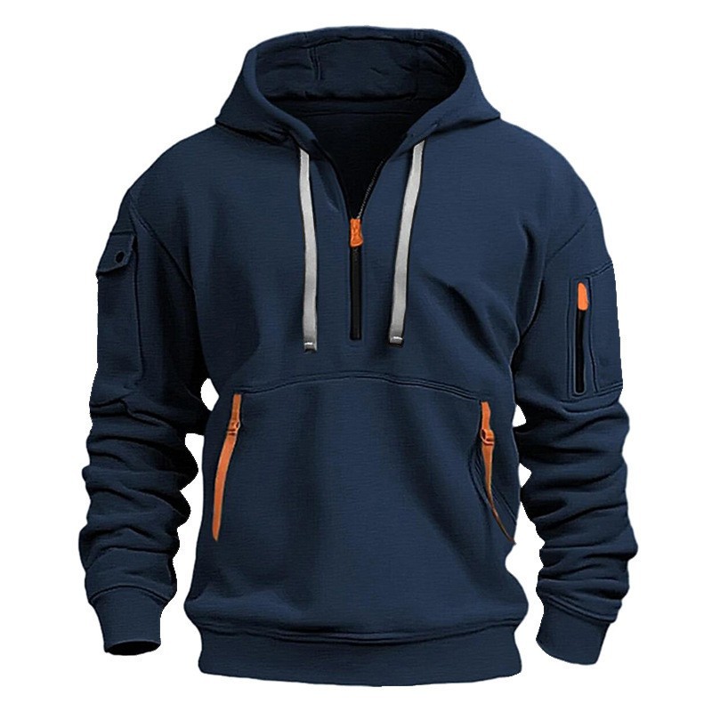 Loose Warm Men Hip-Hop Striped Cargo Zip Hoodie