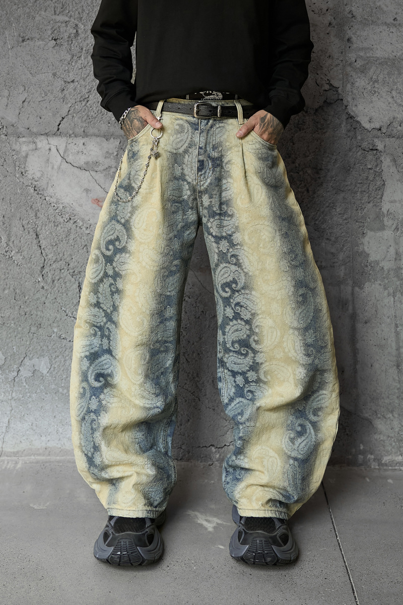 Street Washed Spray Monkey Jacquard Gradient Knife-Edge Denim Pants Men Women High-Quality Fashion Brand Wide-Leg Pants
