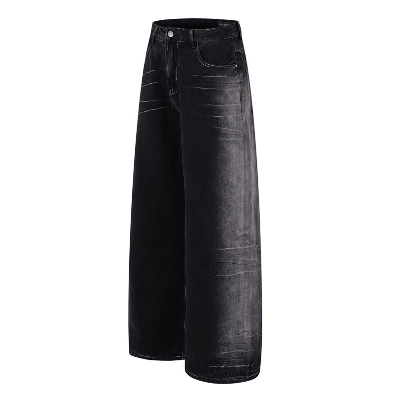 Vintage Washed Lightning Pattern Straight Leg Jeans Men High Quality Gradient Trendy Brand Wide Leg Pants