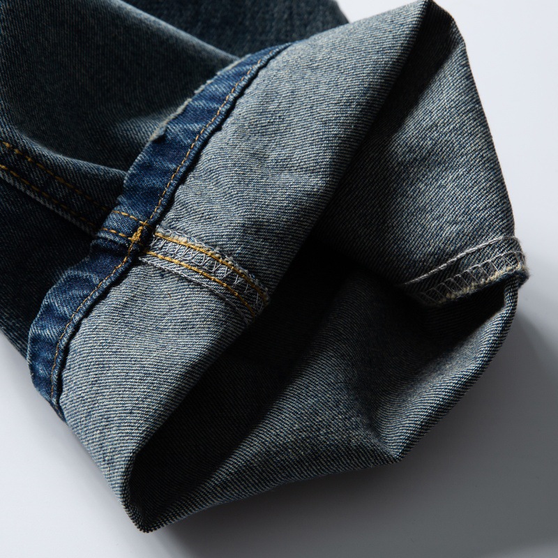 Distressed Relaxed Straight Leg Slightly Wide Washed Raw Edge Denim Pants