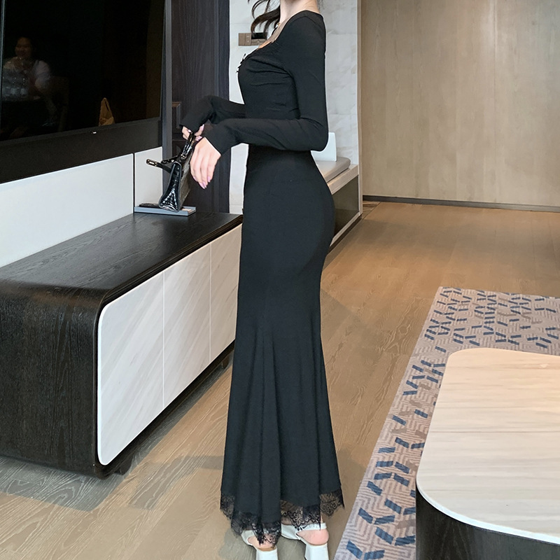 U-Neck Long Sleeve Polyester Bodycon Dress