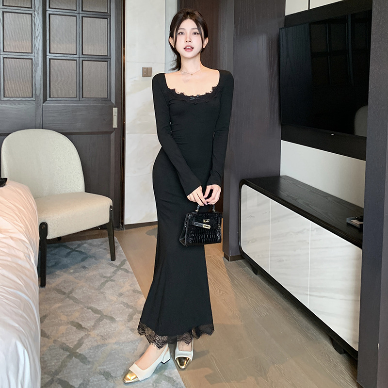 U-Neck Long Sleeve Polyester Bodycon Dress