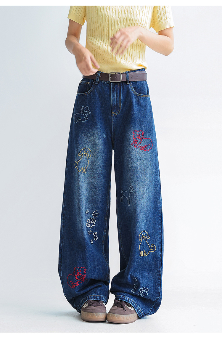 Dog Embroidered Wide Leg Jeans