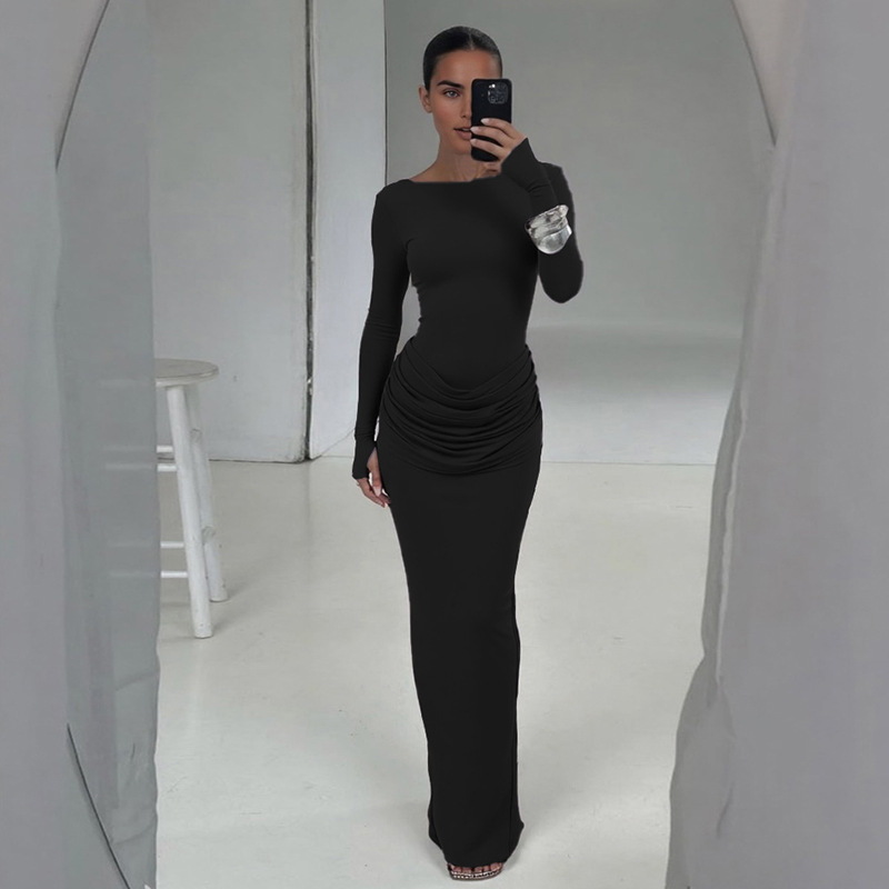 Stretch High-Waist Gathered Full Sleeve Dress