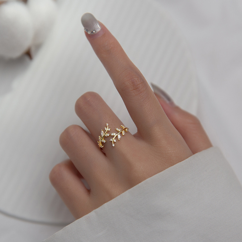 S925 sterling silver diamond branch bud ring for women with branch and leaf open ring