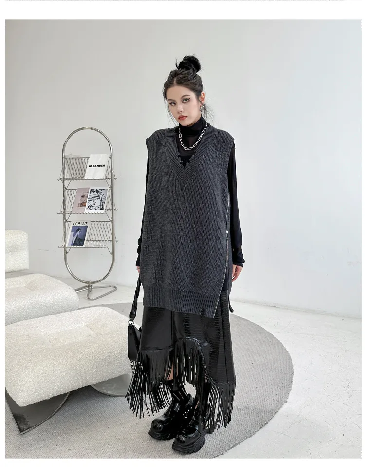 Women Sweater V-neck Asymmetry Sleeveless Knitting Vests Fashion Loose Long Dark Gray Autumn And Winter Sweater Vests