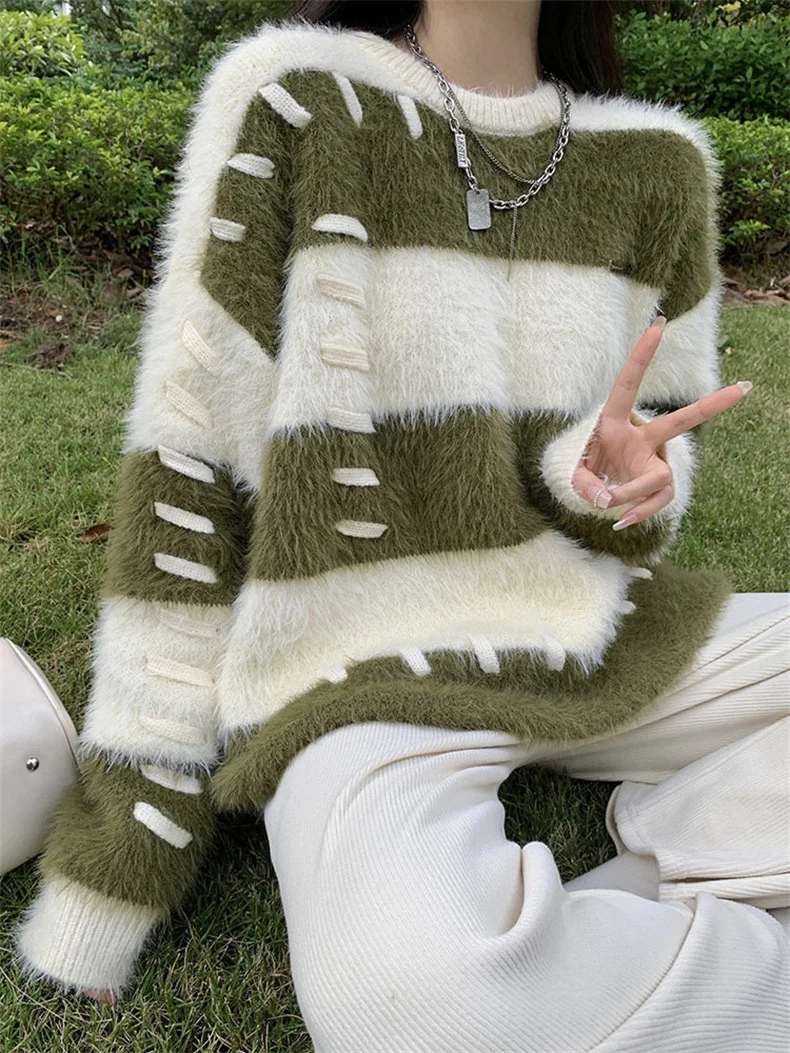 Ladies Fall Two-Tone Oversized Stretch Acrylic Sweater