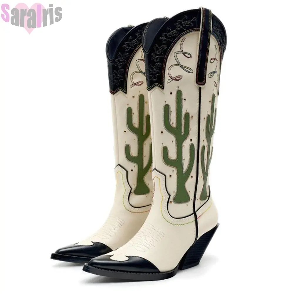 Western Cowboy Mid Calf Women Boots Chunky High Heels Cactus Vintage Cowgirl Long Boots Retro Shoes Woman