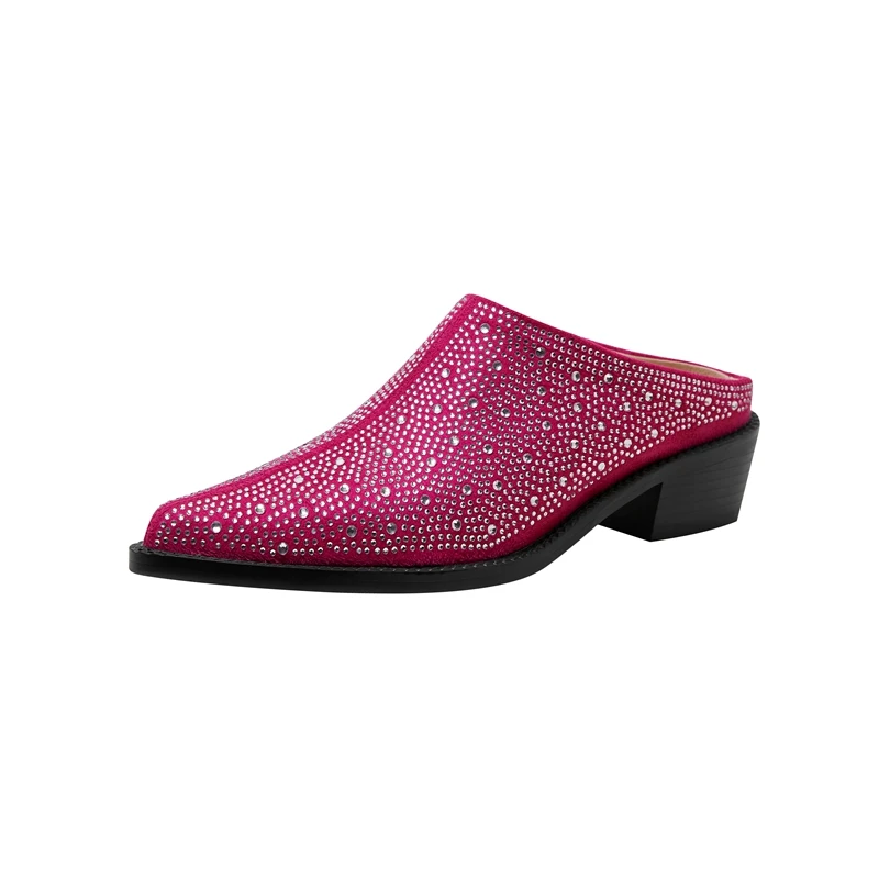 Ladies Tapered Toe Chunky Suede Crystal Mules