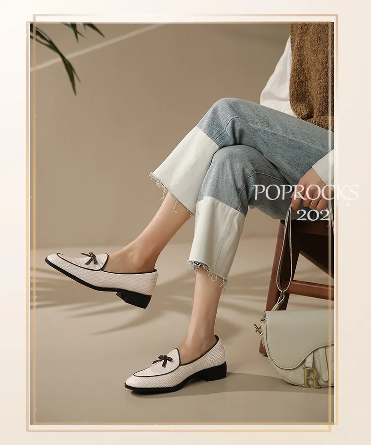 Spring/Autumn Women Loafers Genuine Leather Shoes for Women Round Toe Chunky Heel Shoes Casual Bow-knot Low Heel Women Pumps