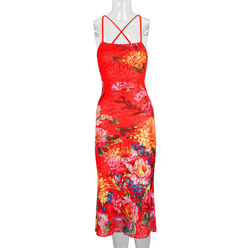 Draped Strap-Free Open Back Flower Pattern Bodycon Dress