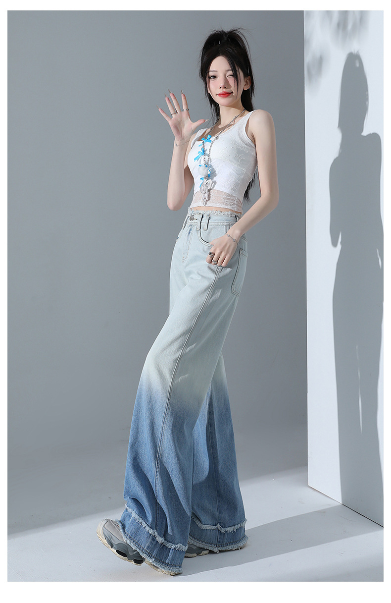 Tencel Gradient Blue Straight Jeans Women Vintage Frayed Design High Waist Drape Wide Leg Pants