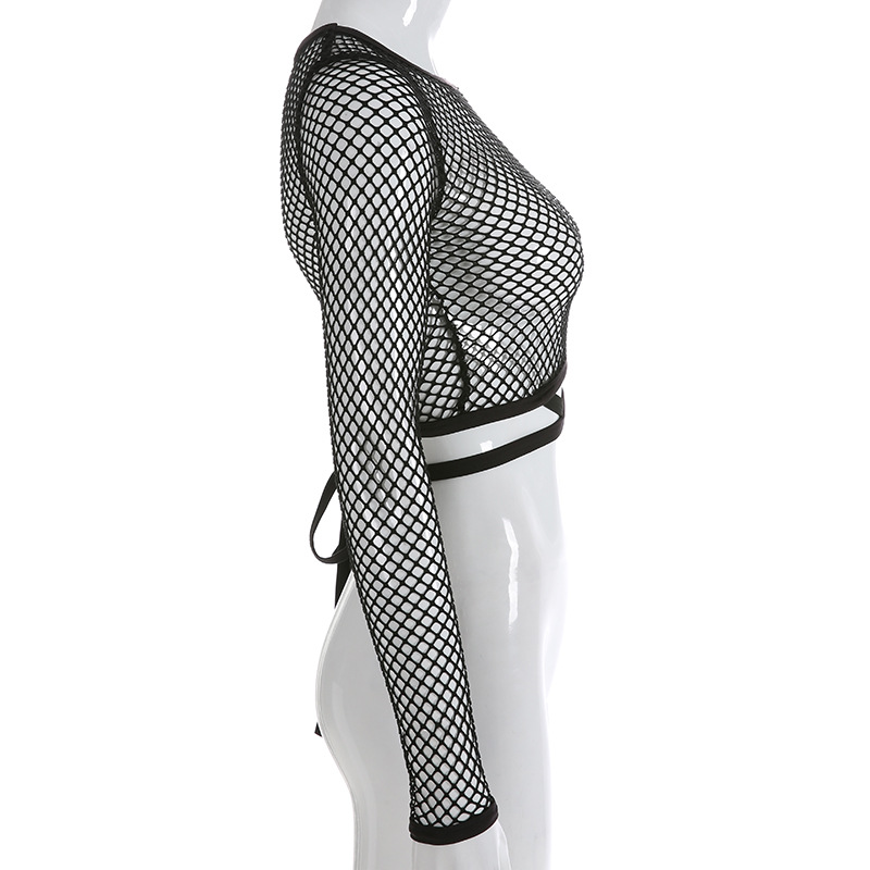 Vacation Style Grid Splicing Cross-Tie Hollow Sunscreen Top Sexy Transparent Short Pants Navel-Exposed T-Shirt Top