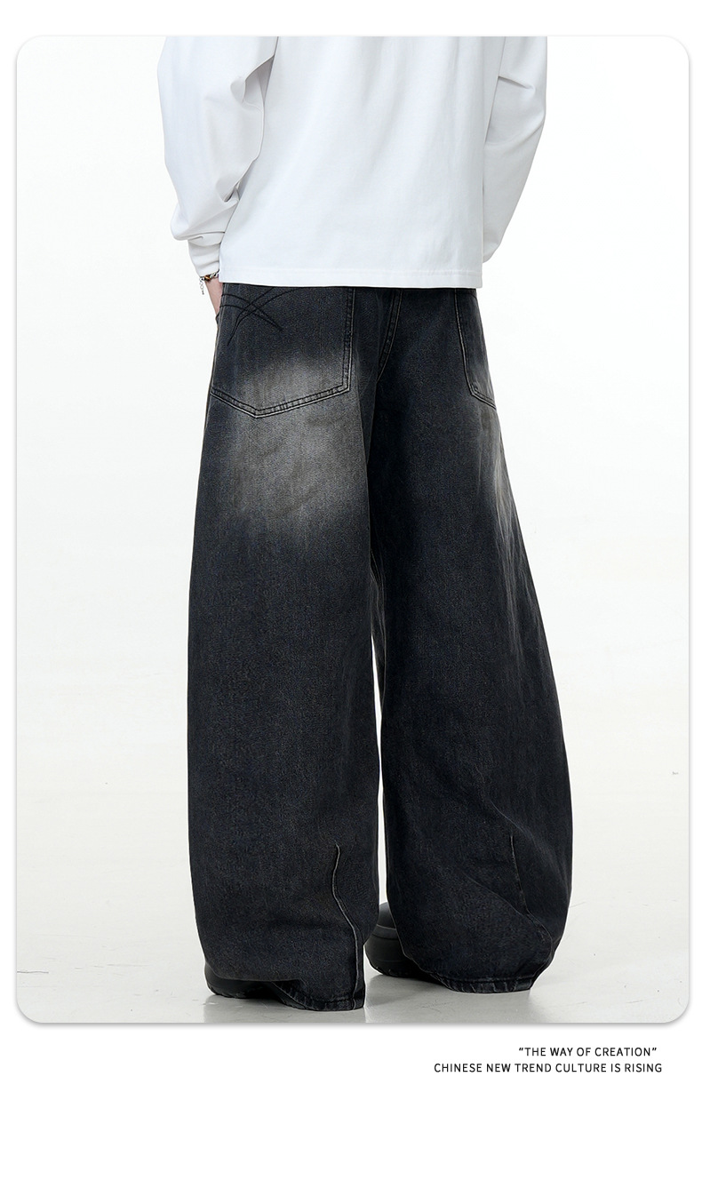 Black Faded Tapered Jeans Slim Baggy Loose Fit Casual Wide Leg Long Pants