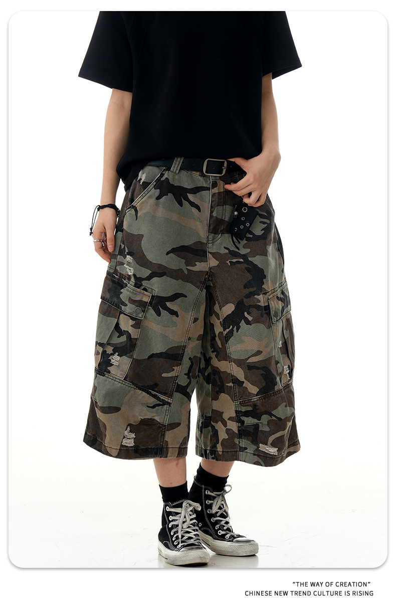 Loose Fit Casual Multi-Pocket Retro Straight Leg Slim Wide Leg Three-Quarter Pants