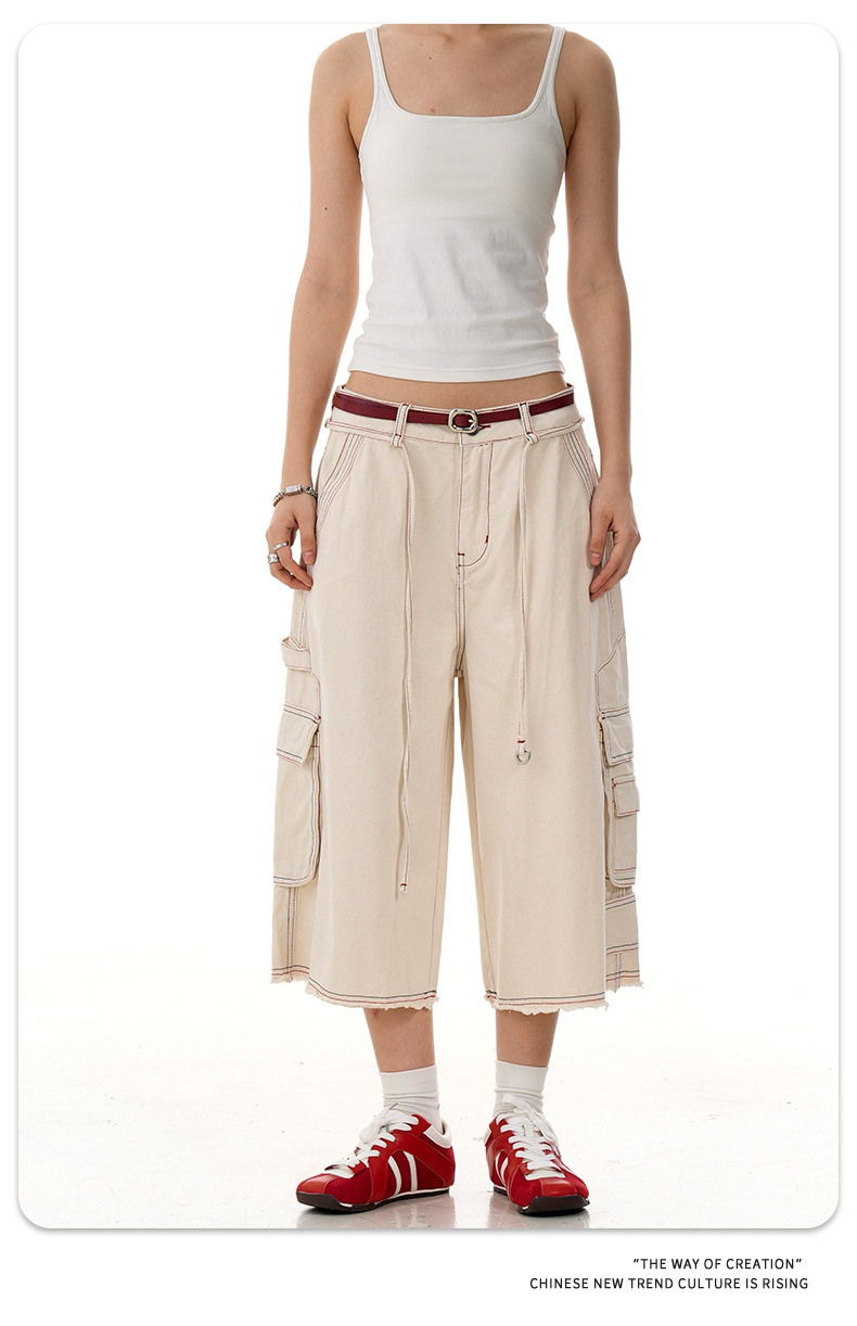 Multi-Pocket Workwear Capri Pants for Men and Women Summer Vintage Washed Loose Fit Wide Leg Casual Shorts