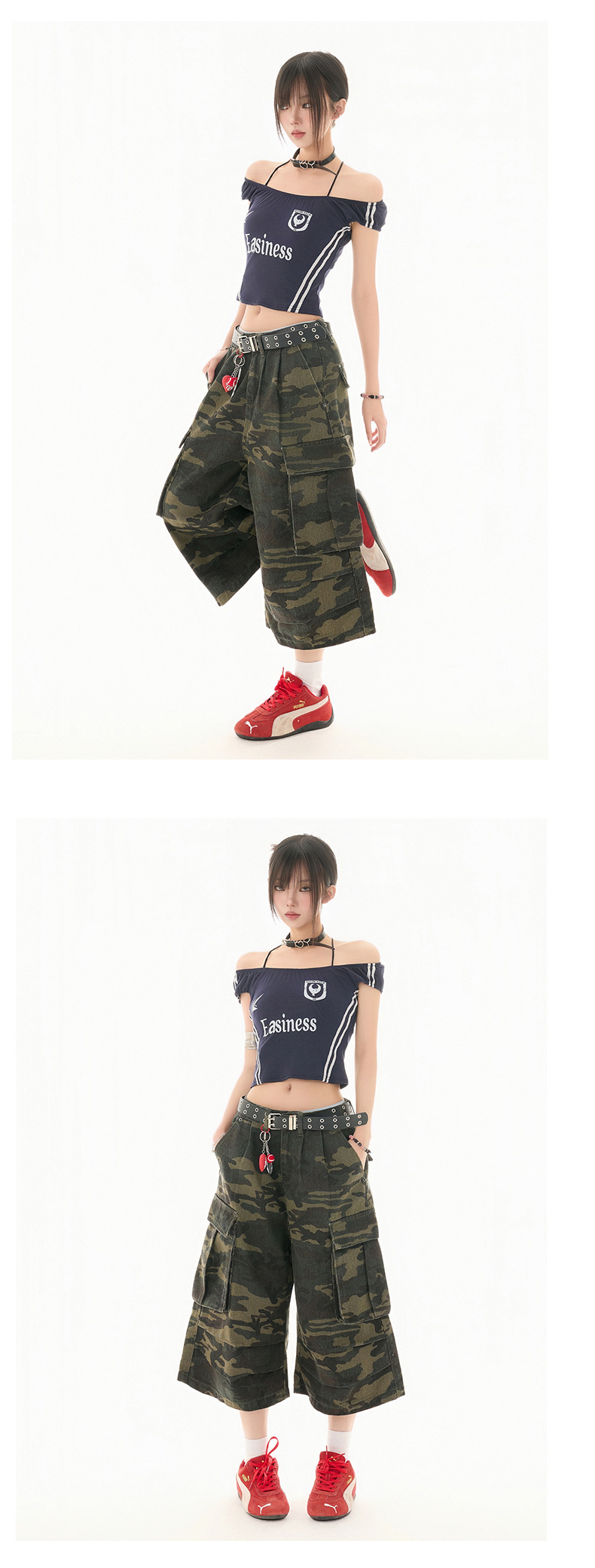 Women's Camouflage Cargo Capri Pants Slim Wide Leg Denim Trousers