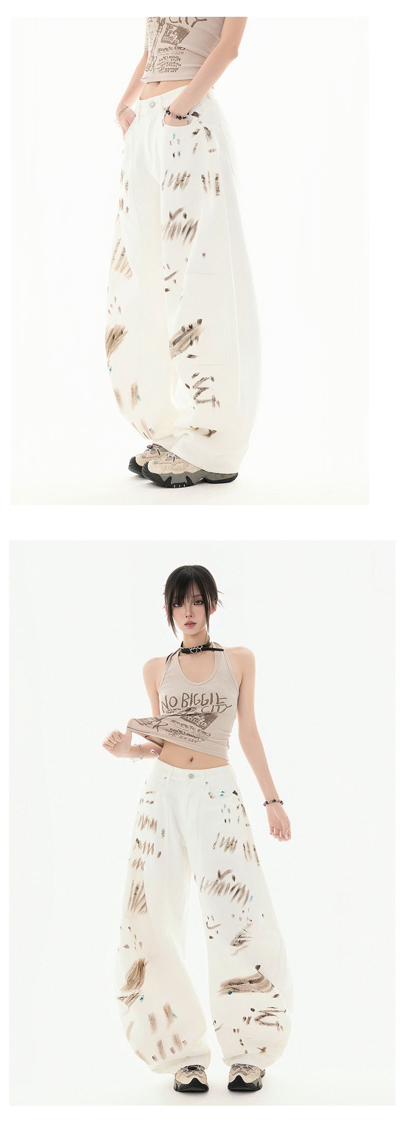 Graffiti White Jeans High-Waisted Unique Design Loose Wide-Leg Knife-Edge Pants