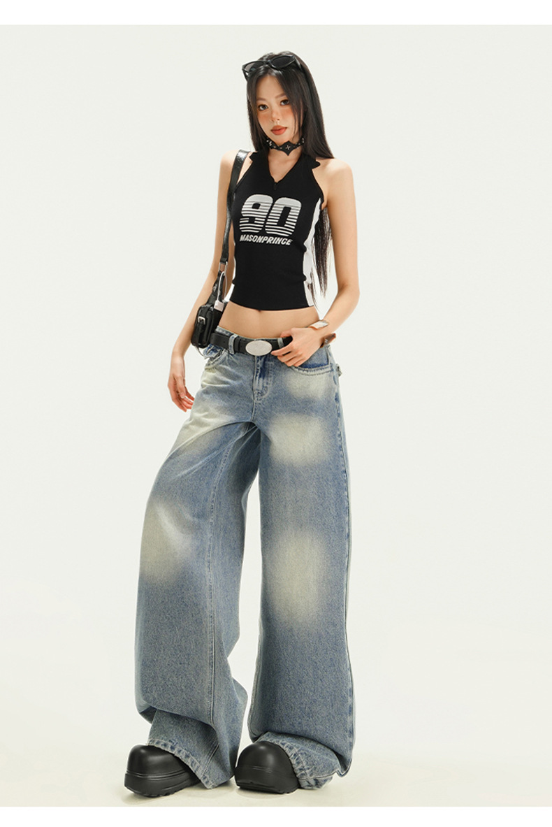 Gradient Washed Denim Pants for Women Vibe Retro Loose Straight Leg Wide Leg Pants