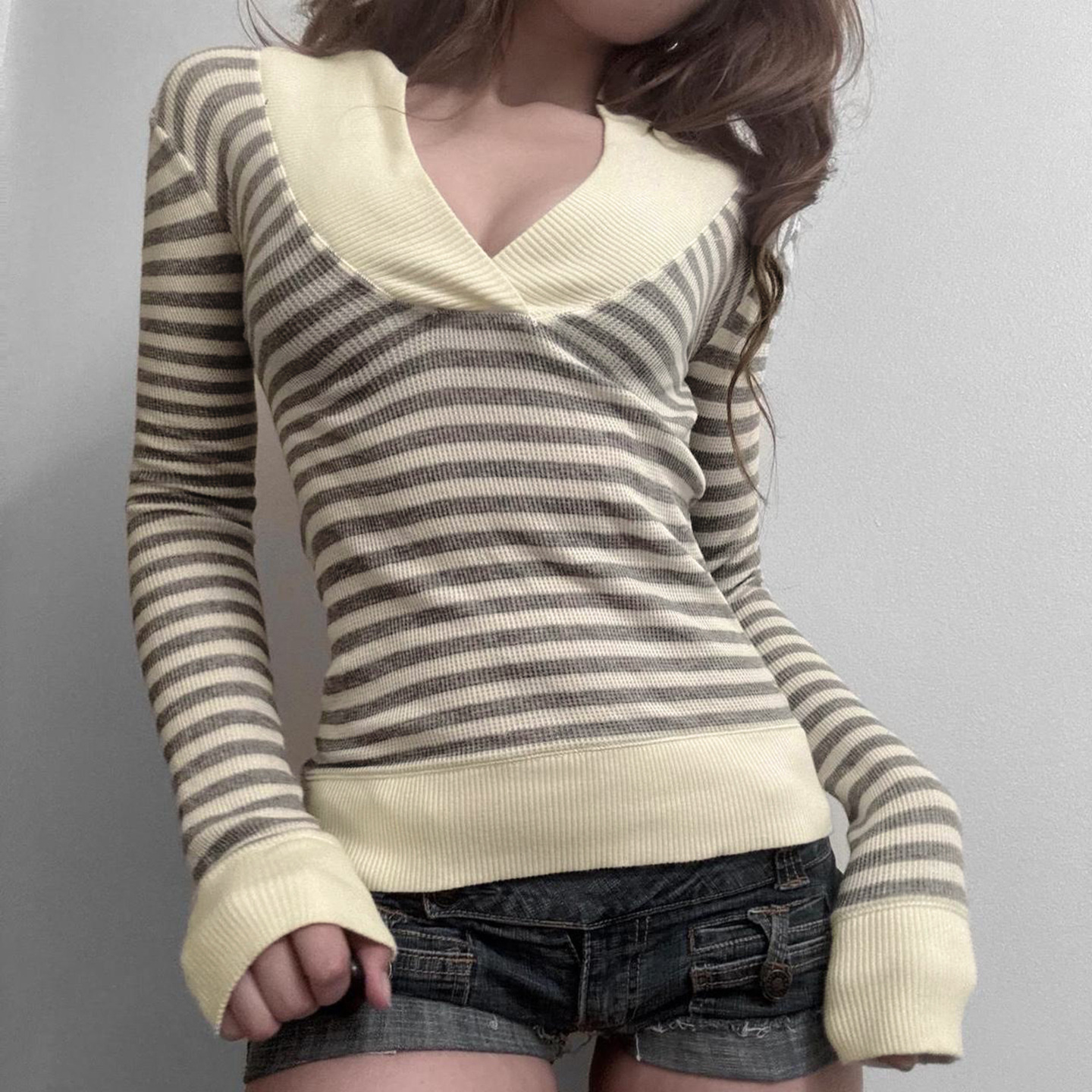 Fitted Urban Contrast Bands Waffle Sweater