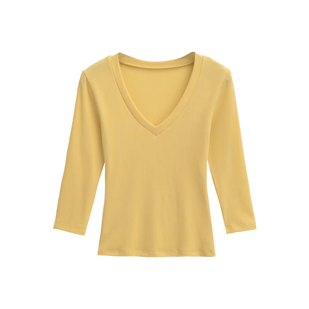 Ladies Streetwear Plain Stretch Elbow-Length Plunge Layering Tee