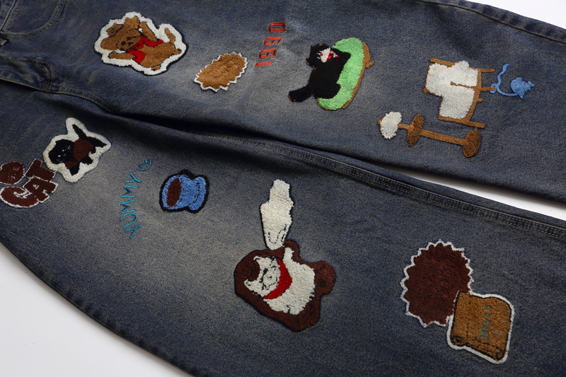 Vintage Cartoon Towel Embroidery Washed Knife-Edge Jeans Men Autumn Pendant Design Loose Wide-Leg Pants