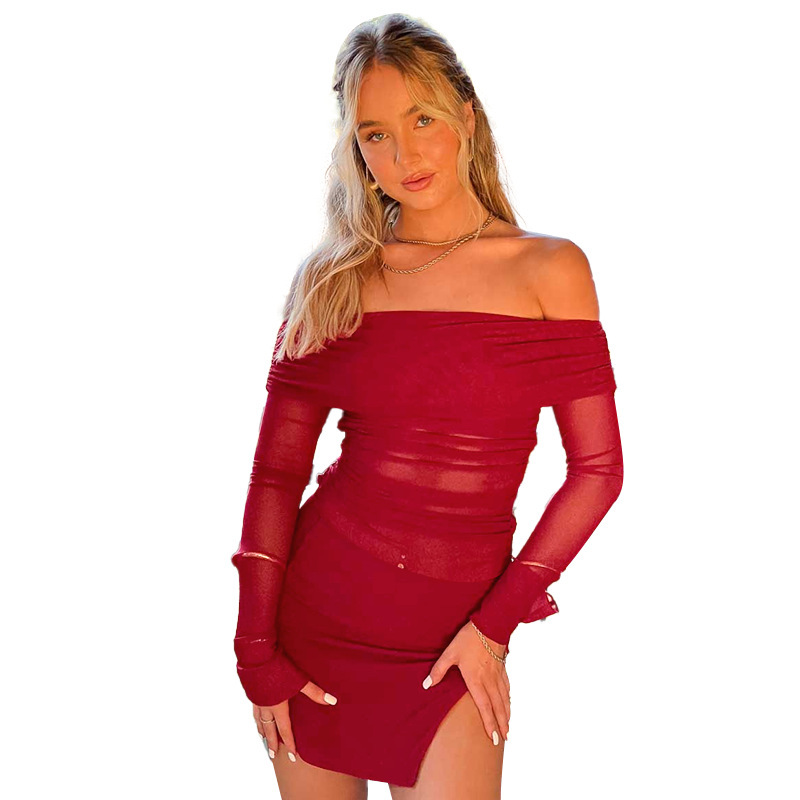 Asymmetrical Long Sleeve Sheer Ruched Side Vent Skirt