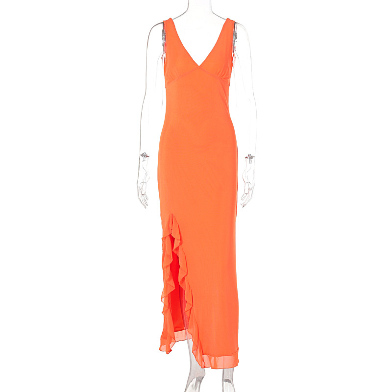Dark Plunging A-Line Tank Dress with Scalloped Split