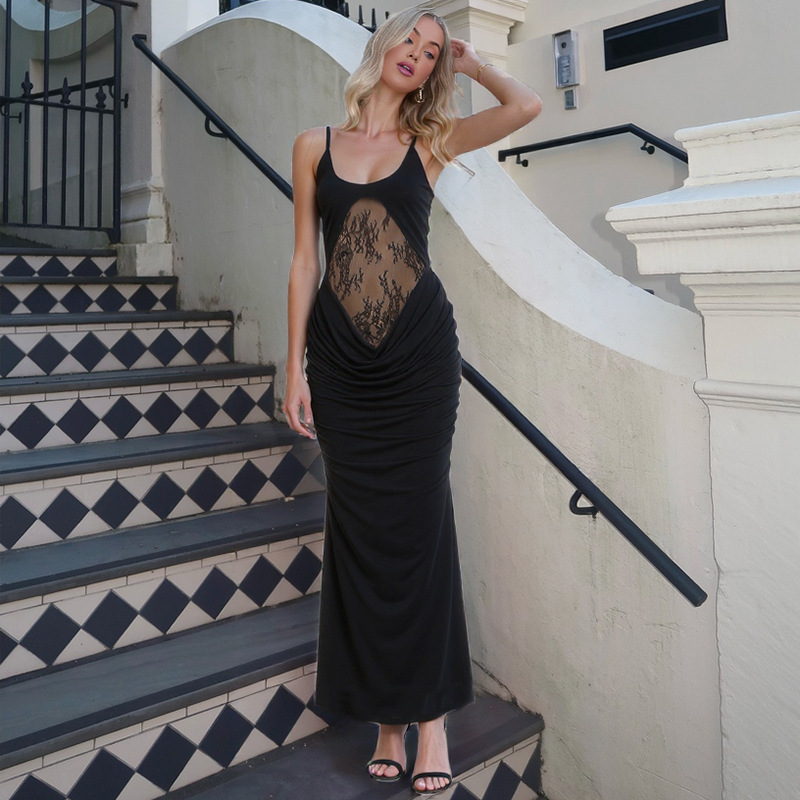 Spaghetti Strap High Waist Open Back Dress