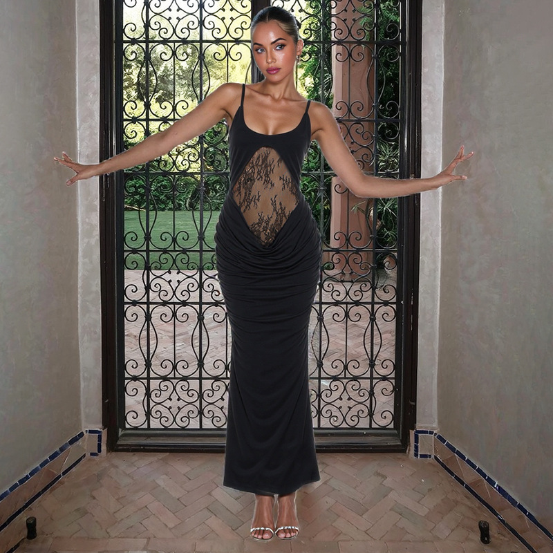 Spaghetti Strap High Waist Open Back Dress