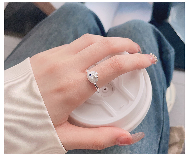 S925 Sterling Silver Little Fresh Rabbit Year of Life Cute Little White Rabbit Jade Rabbit Style Open Ring