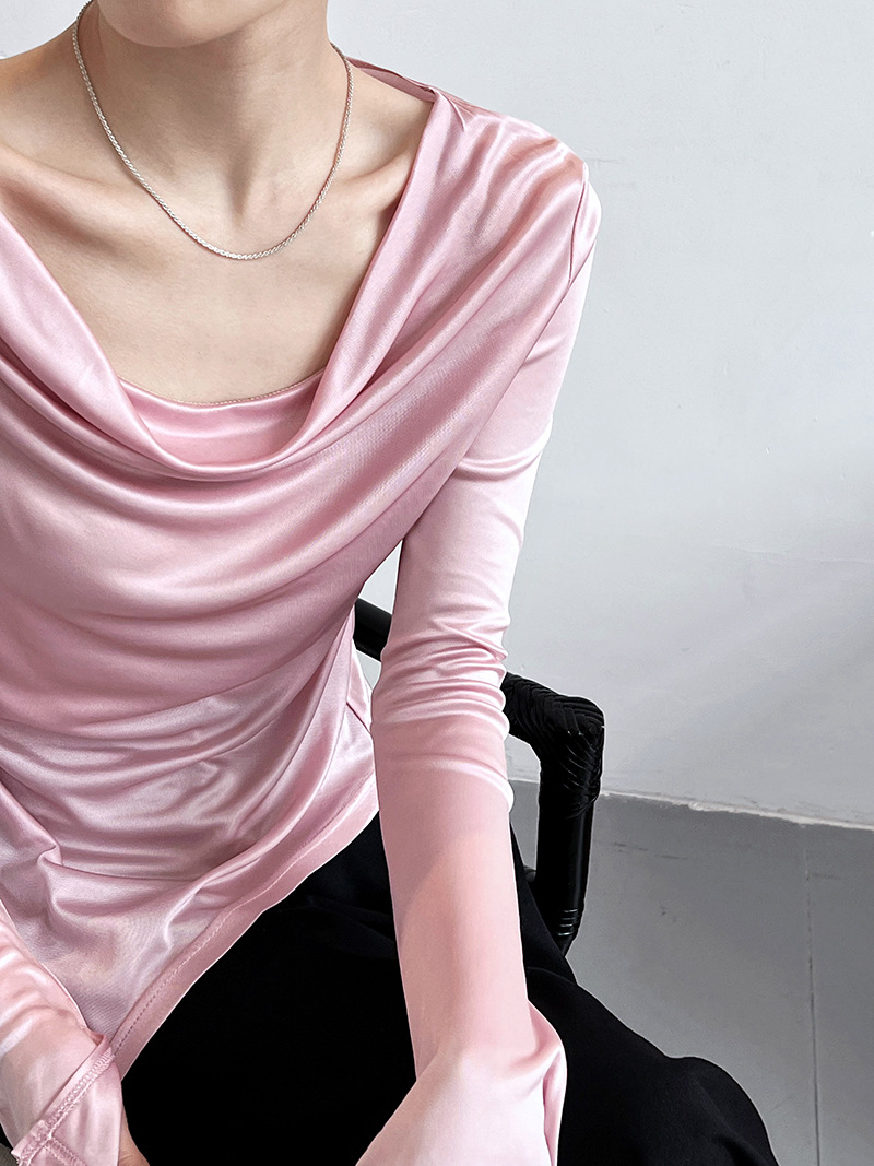 Women Slim Solid Cowl Neck Elongated Sleeve Tee