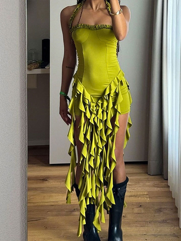 Tie-Neck Fringe Fitted Evening Dress