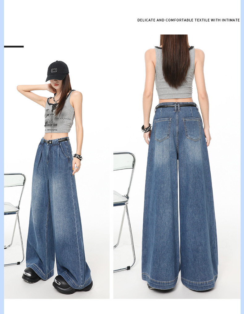 Retro Blue Pleated Tencel Wide-Leg Jeans Women High-Waist Loose Slim Straight Pants