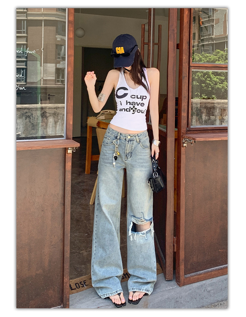 Light Blue Distressed Wide-Leg Jeans Women Retro Design Loose Straight Pants High Street
