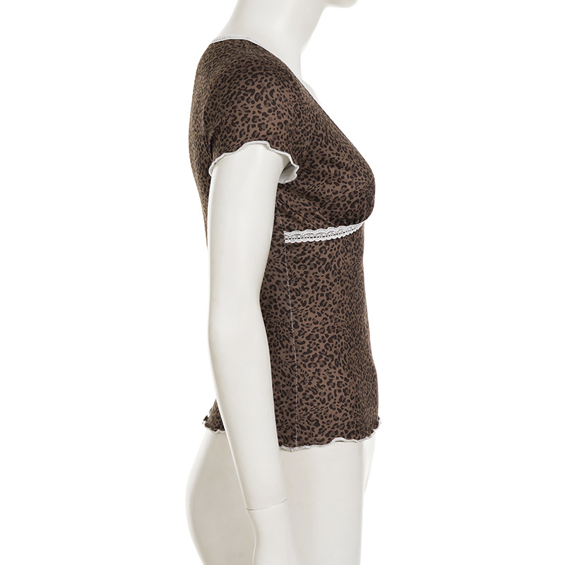 Vintage Leopard Lace Trim V-Neck Short Sleeve T-Shirt Elegant Close-Fit Crop Top