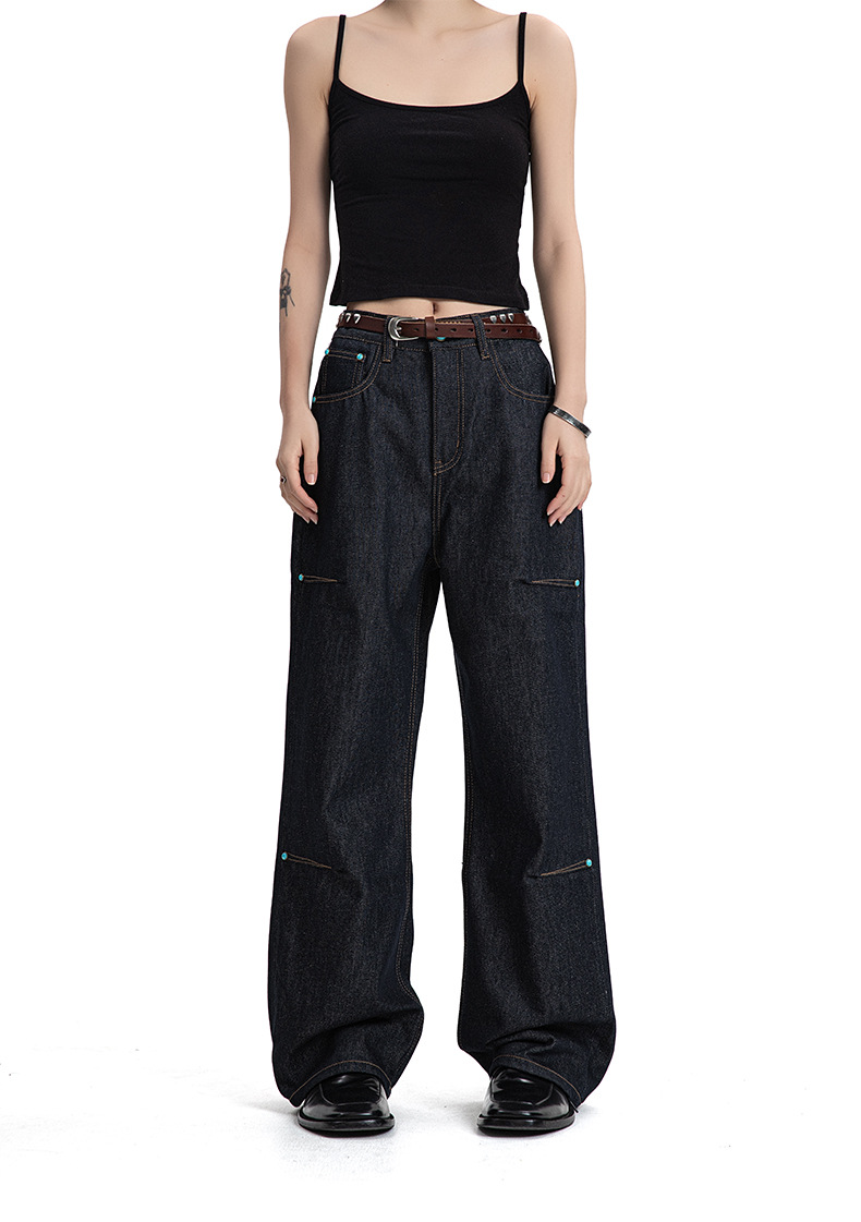 Denim Pants Deep Blue Straight Flared Wide Leg A-Line Trousers