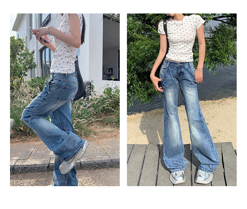 Women's Cracked Wide-Leg Jeans Summer Loose Drape Bell-Bottom Pants