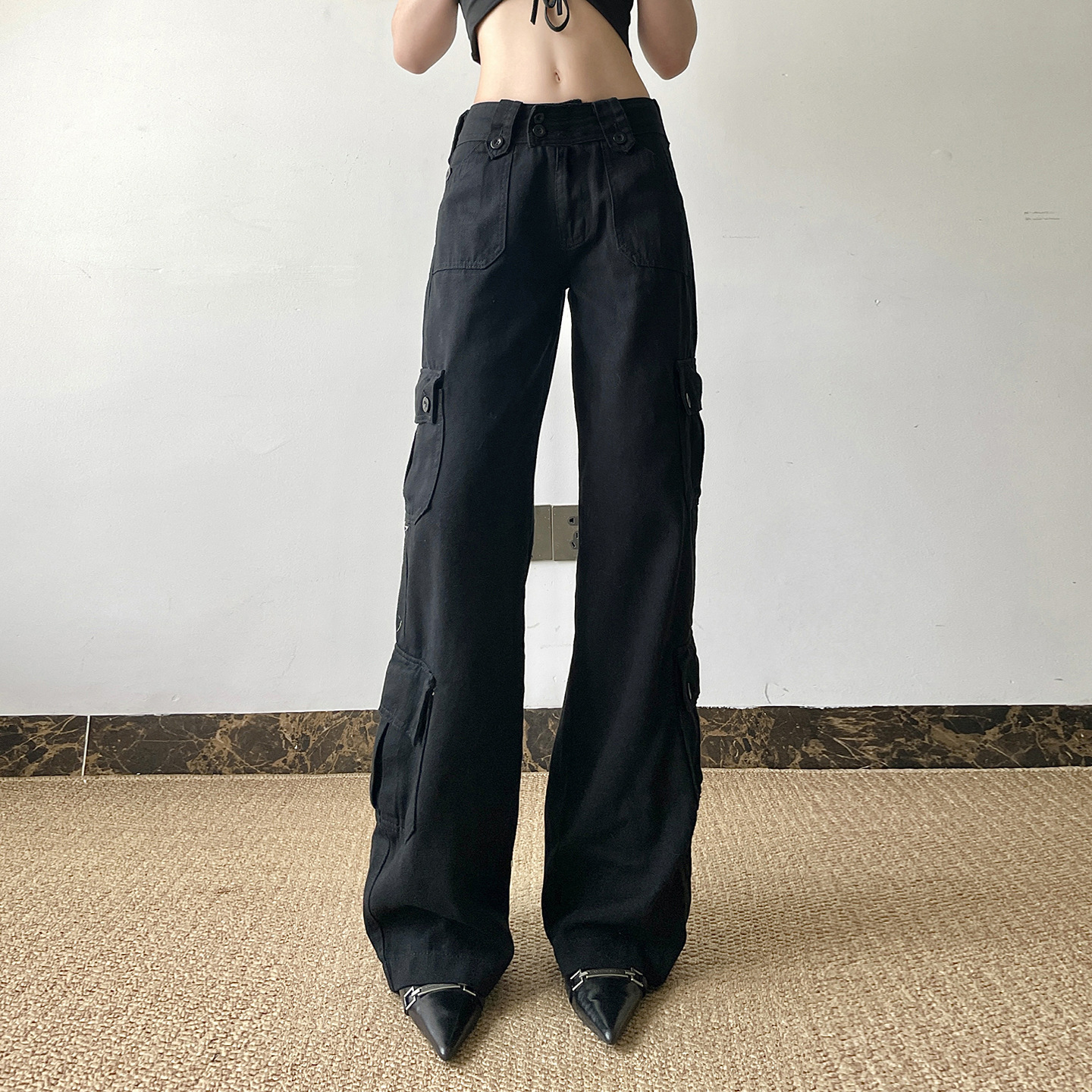 Low waisted workwear women's double row buckle multi pocket splicing straight leg wide leg jeans