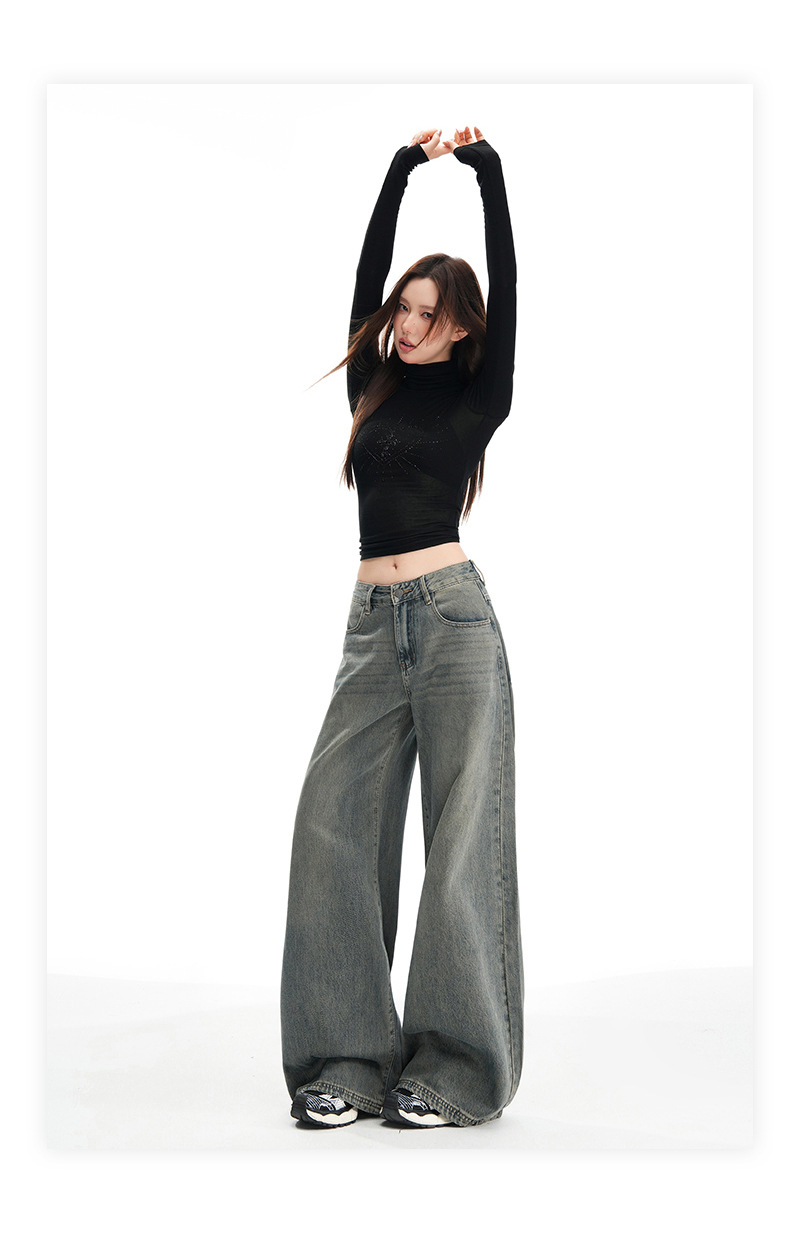 Women's Wide-Leg Pants Loose Fit High-Waist Trousers Slimming Multi-Purpose Denim Pants with Vintage Color Washed Effect