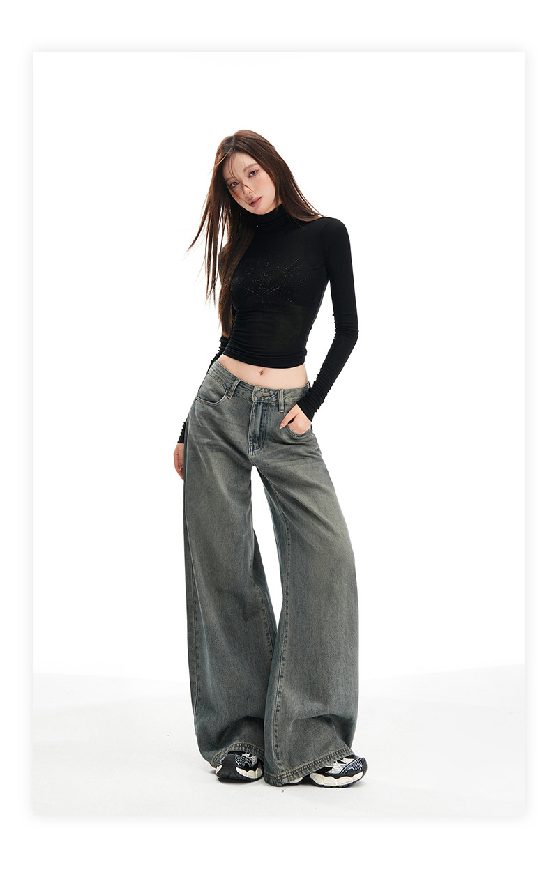 Women's Wide-Leg Pants Loose Fit High-Waist Trousers Slimming Multi-Purpose Denim Pants with Vintage Color Washed Effect