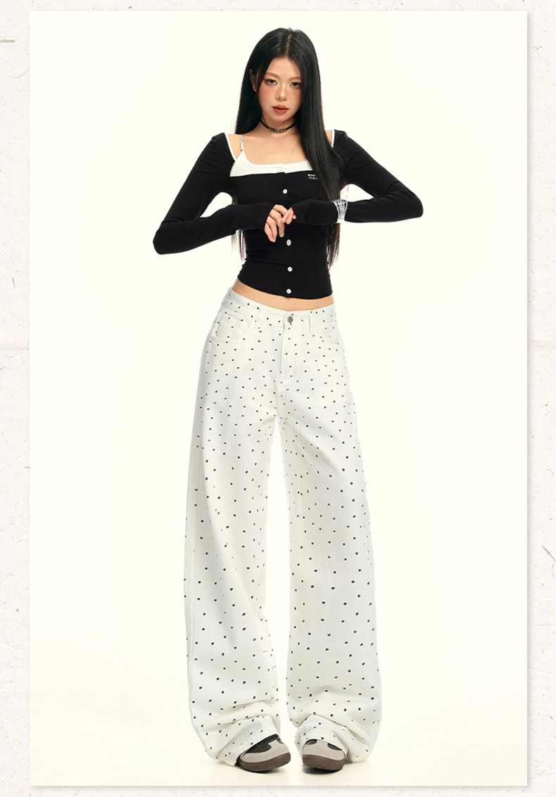 Women's Black and White Polka Dot Slimming Loose Straight Jeans High Waist Wide Leg Pants