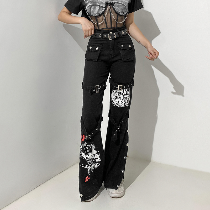 Metal buckle contrasting print high waisted workwear jeans for women