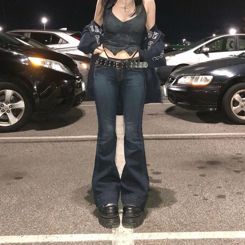 Retro blue low waisted straight leg casual pants
