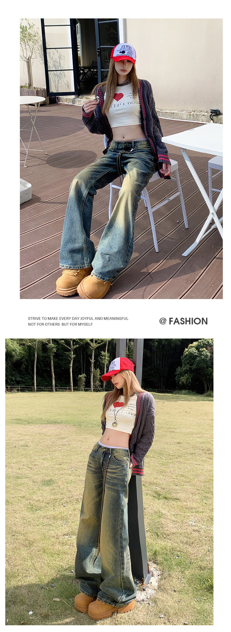 Women's Low-Waist Flared Denim Pants Loose Wide-Leg Straight Trousers