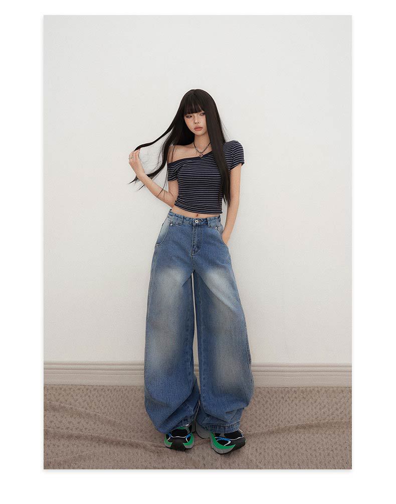 Deconstructed Knife-Edge Denim Pants for Women High-Waisted Wide-Leg Pants